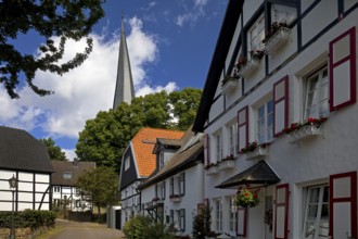 The old town centre with half-timbered houses and the church tower of Sankt Viktor, Schwerte, Ruhr