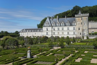 Historic castle with manicured garden, hedges and architectural elements, Villandry Castle,