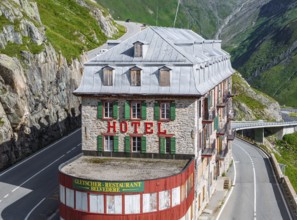 Hotel Belvédère on the Furka, the most famous pass hotel in the world. The building is closed and