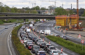 Duisburg, North Rhine-Westphalia, Germany, traffic jam on the A40 motorway at the Kaiserberg