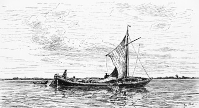 Emspünte for shallow waters, barge on the Ems, East Frisia, Lower Saxony, flat bottom, river, sail,