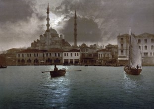 Yeni Cami, the New Mosque, by moonlight, Constantinople, Istanbul, Turkey, View from 1885,
