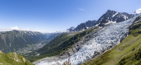 Panorama, mountain landscape with glacier Glacier des Bossons and summit of the Aiguille du Midi,