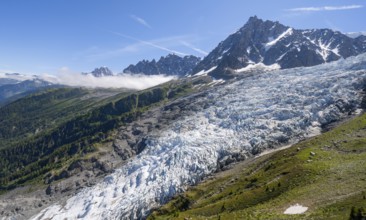 Mountain landscape with glacier Glacier des Bossons and summit of the Aiguille du Midi, Chamonix,