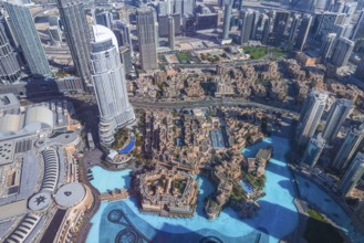 UAE, Dubai panoramic skyline view from Burj Khalifa of city downtown and Dubai Mall
