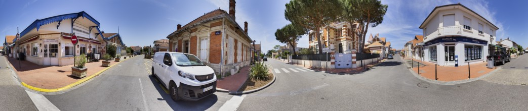 360 degree panorama of a road junction in the town centre of Soulac-sur-Mer, Gironde,