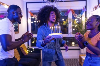 Multi-ethnic friends celebrating birthday party with cake at home at night