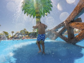 Child enjoying refreshing splashes under a decorative palm tree in a water park, creating joyful