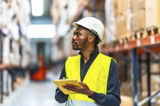 African male warehouse worker taking inventory looking away with digital tablet in logistic