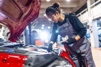 Young woman mechanic inspecting the engine oil level of a red car while working diligently in an