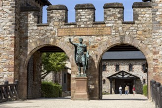Main gate, Porta Praetoria with bronze statue of Emperor Antoninus Pius, plaque with inscription
