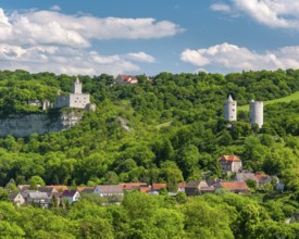 View of Rudelsburg castle ruins, Saaleck castle and Kreipitzsch manor, in the Saale valley, near