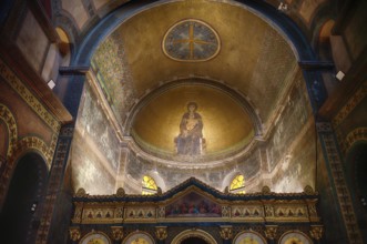 Interior view of Hagia Sofia church, also known as Agia Sofia, dome, altar, chandelier,