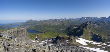 View of mountains and fjord landscape, mountain panorama, at the summit of Rundfjellet, lake