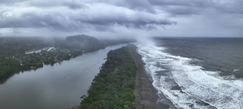 Aerial view, beach and sea, coast with rainforest, Tortuguero National Park, Costa Rica, Central