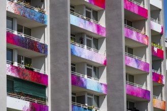 Newly designed façade, balconies, of a residential tower block in Essen-Steele Henglerstraße, after