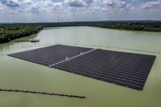 Germany's largest floating solar power plant on the Silbersee III, a quarry pond no longer used for