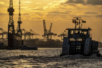 Port of Hamburg, view of the Blohm + Voss shipyard, evening, cranes of the container terminals,