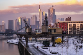 The skyline of Frankfurt am Main, skyscrapers of the banking district, historic harbour cranes at