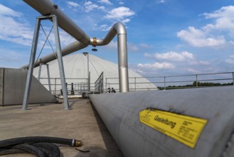 Biogas plant, gas storage, with dome, use of solid manure as energy source, gas pipelines, on a