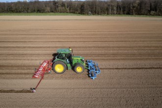 Sugar beet being sown in spring, precision sowing with precision seed drill, behind a tractor,