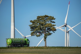 Wind farm near Lichtenau, wind turbines, country road, Driburger Straße, cattle feed transporter,