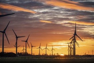 Wind farm near the East Frisian town of Norden, east of the town, sunset, Lower Saxony, Germany,