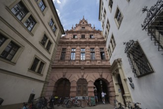 South entrance of the town hall red building, Würzburg, Lower Franconia, Bavaria, Germany, Europe