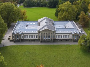 Rosenstein Castle with Natural History Museum, drone photo of Rosenstein Park. Stuttgart,