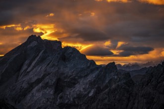 Montafon mountains with dramatic cloudy sky at sunrise, Tschagguns, Rätikon, Montafon, Vorarlberg,