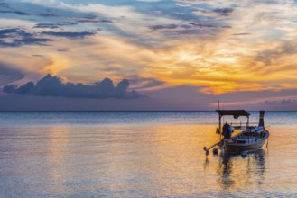 Longtail boat in the sunset, boat, sun, evening mood, cloudy sky, colourful, orange, wooden boat,
