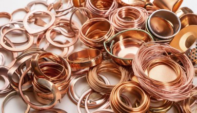 Material, metal, copper, a large amount of copper metal waste on a stockpile for recycling