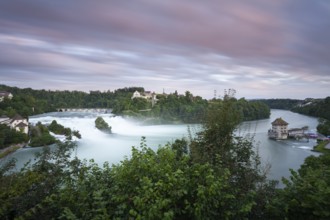 The Rhine Falls at Schaffhausen in Switzerland at sunset with Laufen Castle on the Rhine Falls. An