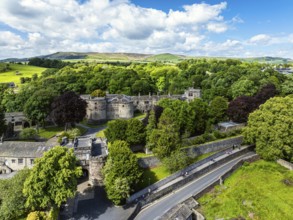 Skipton Castle from a drone, North Yorkshire, England, United Kingdom, Europe