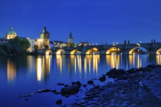 Charles Bridge (Karluv Most) on the Vltava River and Old Town Bridge Tower, at night, Prague, Czech