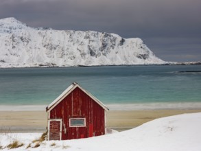 Red Rorbuer fisherman's hut on the beach in the snow, snow-covered mountains behind, Ramberg,