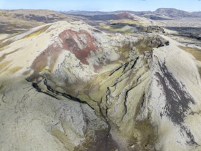 Moss-covered Laki crater or Lakagígar, series of craters, aerial view, interior highlands of