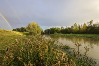 Bergkamen, Ruhr area, North Rhine-Westphalia, Germany, Autumn landscape with rainbow on the Seseke.