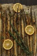 Fried fish, sargan, black sea pike, top view, close-up, no people