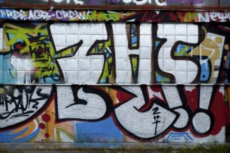 Graffiti wall in white and grey with various colourful details, Landau, Rhineland-Palatinate,