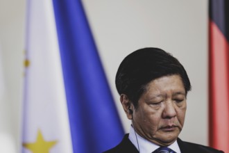 Ferdinand Marcos Jr, President of the Philippines, speaks to the media after a joint meeting with