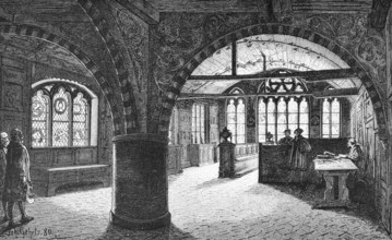 Ratslaube in Lüneburg, Lower Saxony, Germany, town hall, interior, vault, table, benches, wall