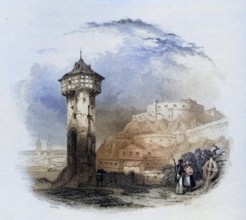 The Roman tower in Thal, Ehrenbreitstein, Germany, Historical, digitally restored reproduction from