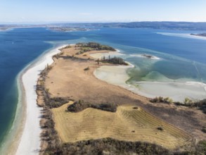 Aerial view of the Mettnau peninsula near Radolfzell on Lake Constance at low tide, the island of