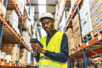 Portrait of an african male worker looking at camera while scanning packages in a warehouse
