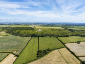 Fields and farms over Osmington White Horse from a drone, Osmington Hill, Weymouth, Dorset,
