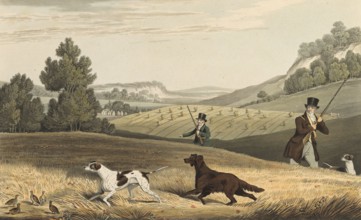 Partridge hunting in England, 1822, Historical, digitally restored reproduction from a 19th century