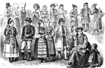 Folk costumes in the different regions of Sweden, illustration from 1880 / Volkstrachten in den