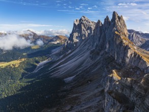 The Sas Rigais and Furchetta peaks of the Odle Group, drone shot, Val Gardena, Dolomites,