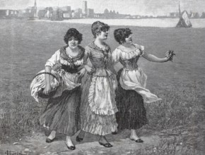Three young woman in a meadow collecting clover, 1890, Germany, digital reproduction of an original